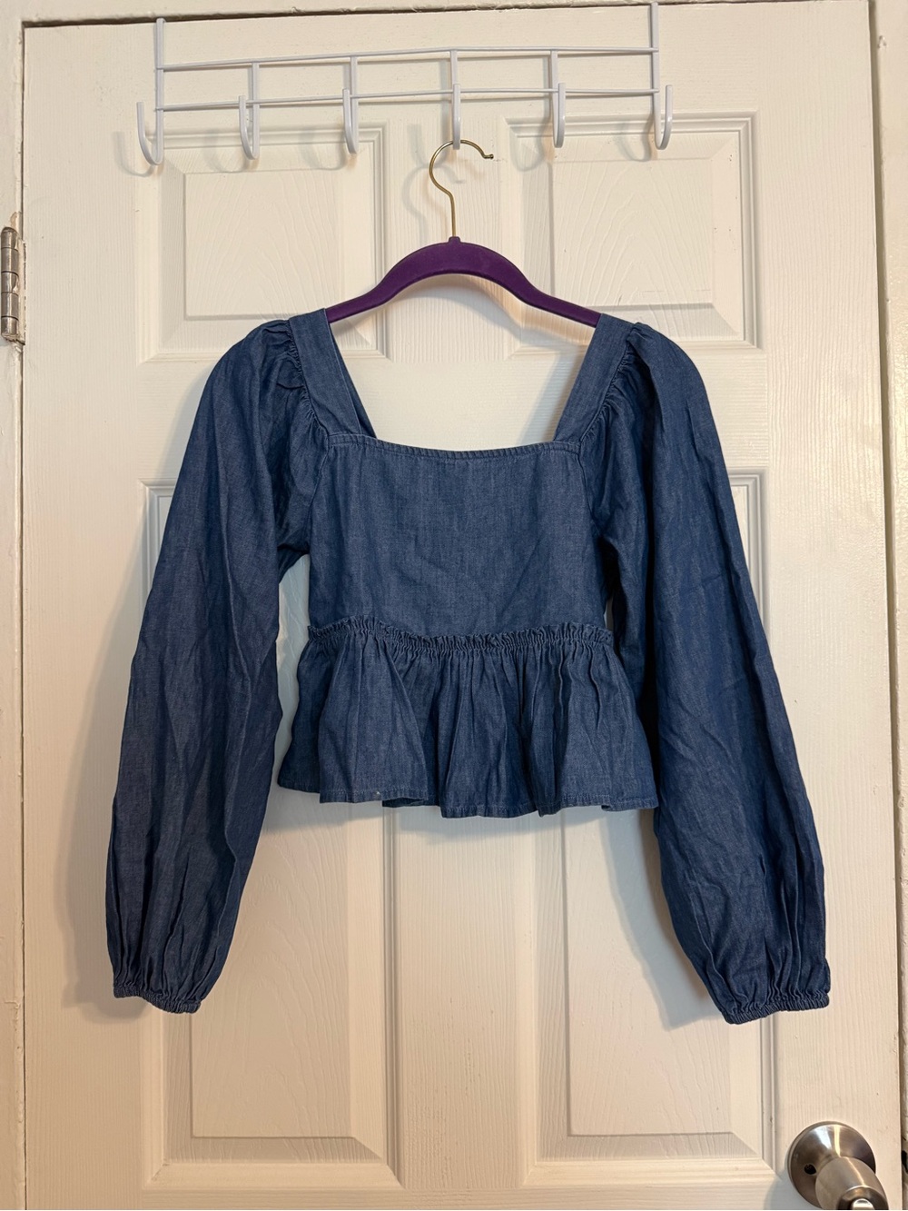 GAP Blue Denim-Look Square Neck Peplum Top 100% Cotton